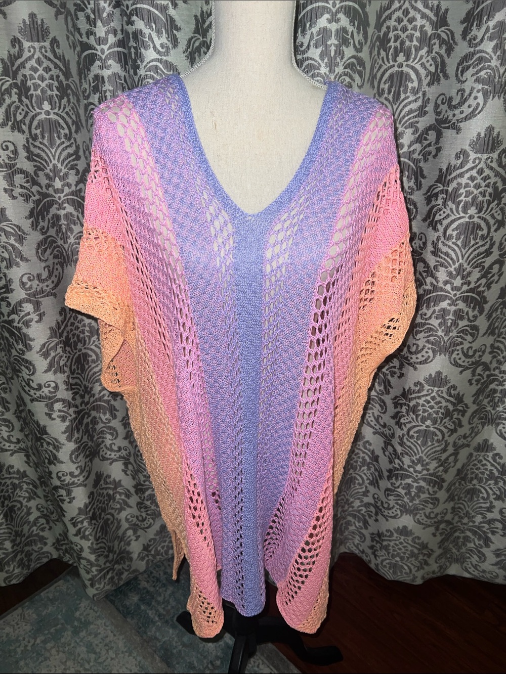 Multicolored Crochet Open-Knit Poncho Swim Coverup